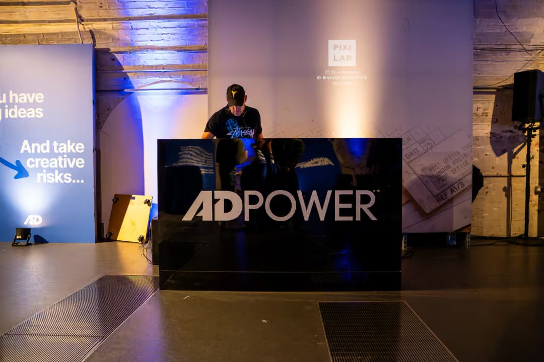 The branded AdPower DJ booth