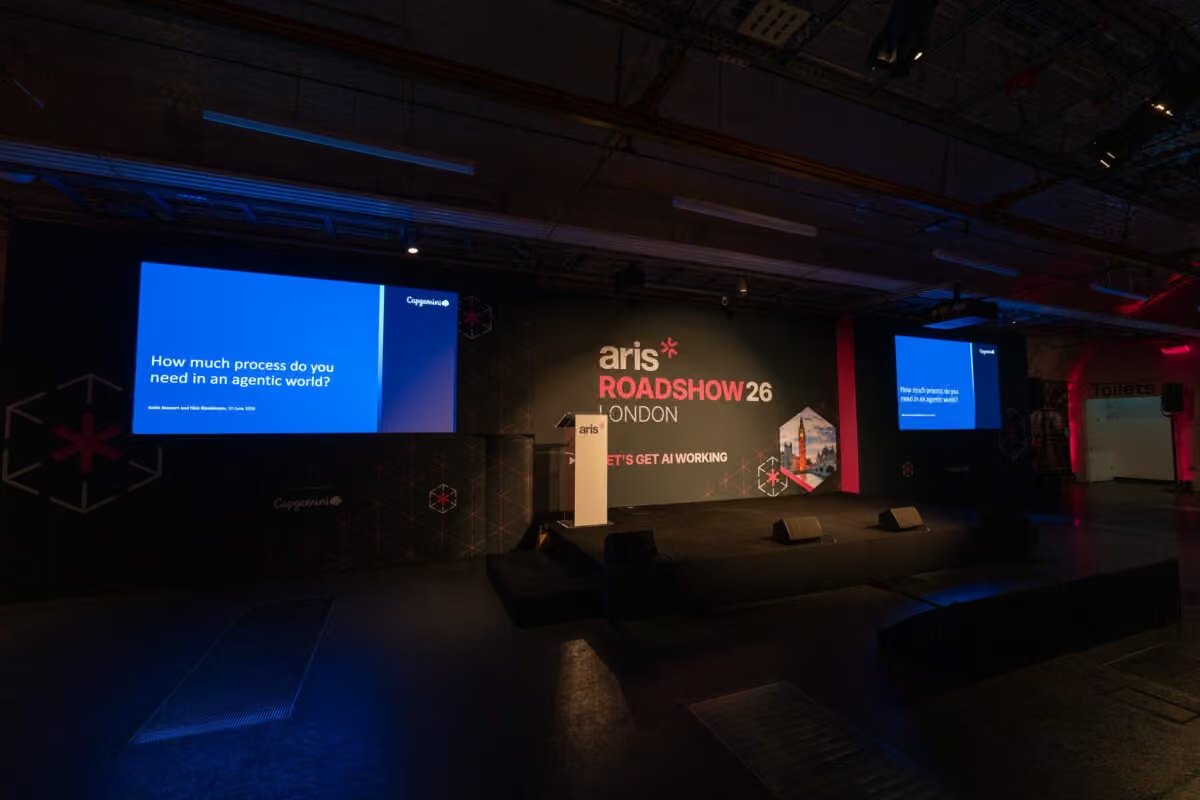 Stage, screens and Roadshow branding ready for the first session