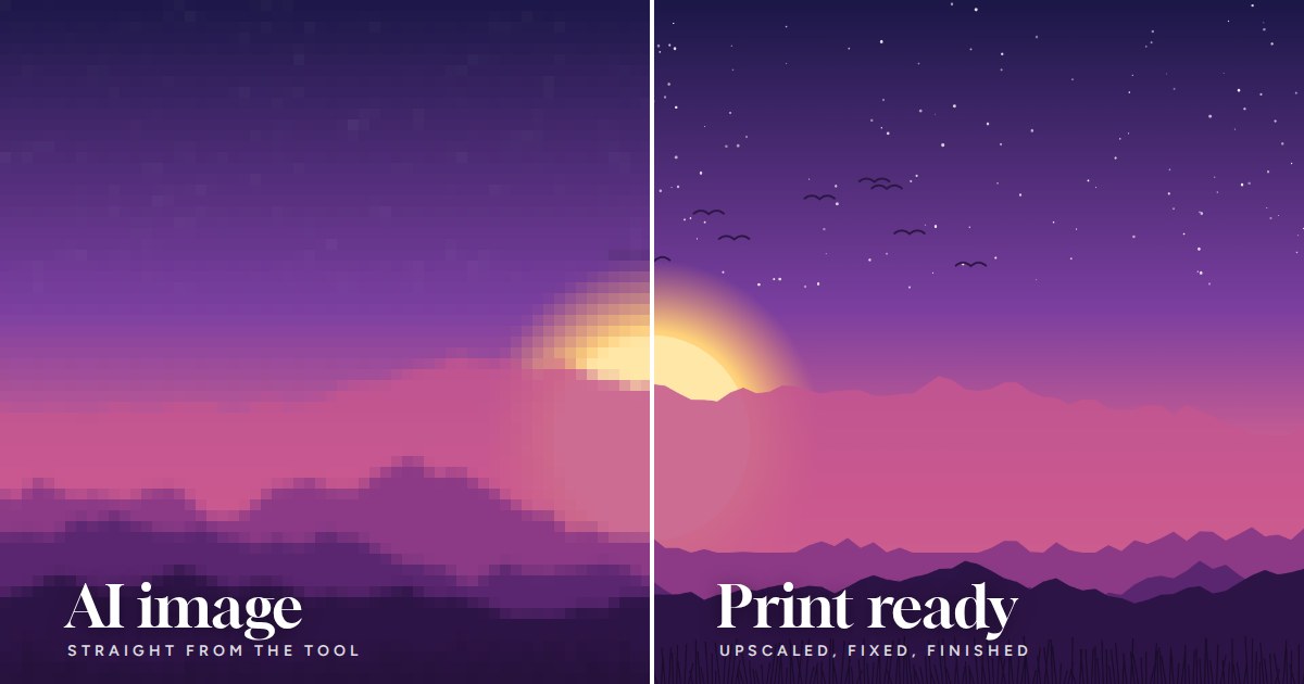 AI artwork pixelated on one side and print ready on the other