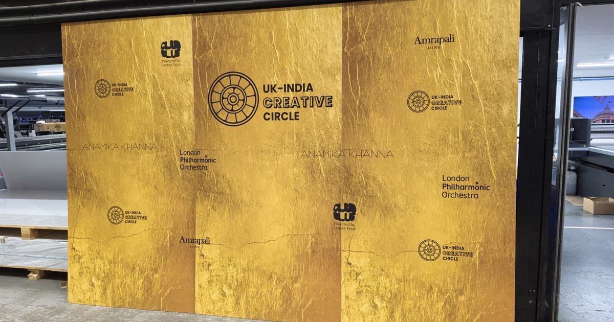 Gold leaf effect media wall on foamex panels for the UK India Creative Circle