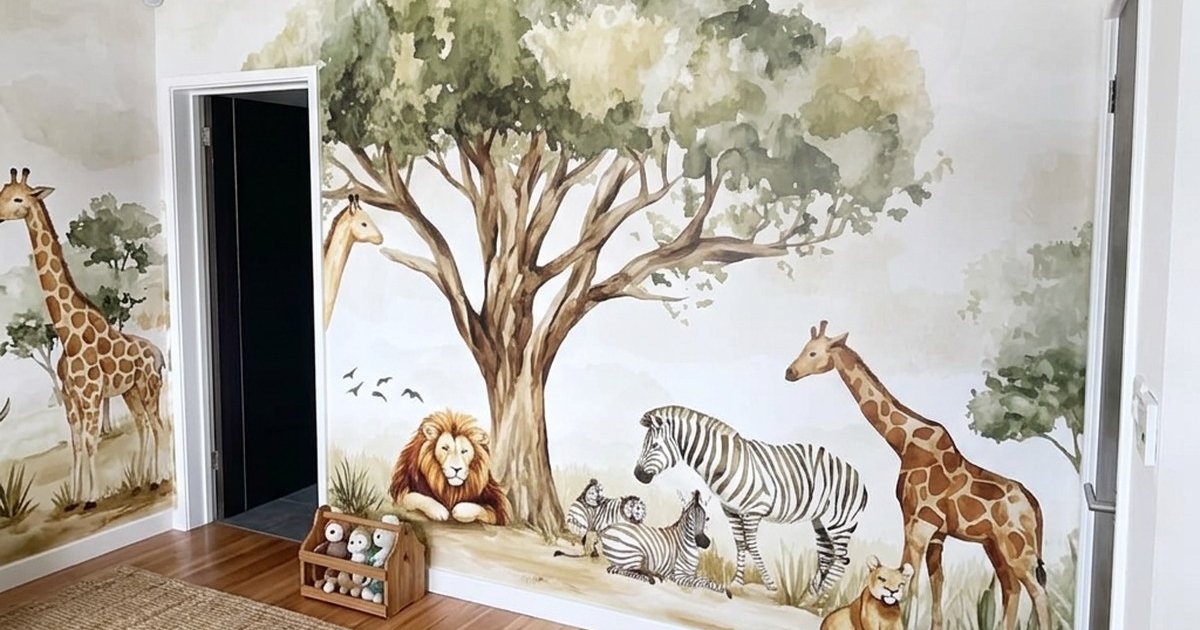 Custom printed safari wallpaper mural with giraffes, zebras and a lion around a tree