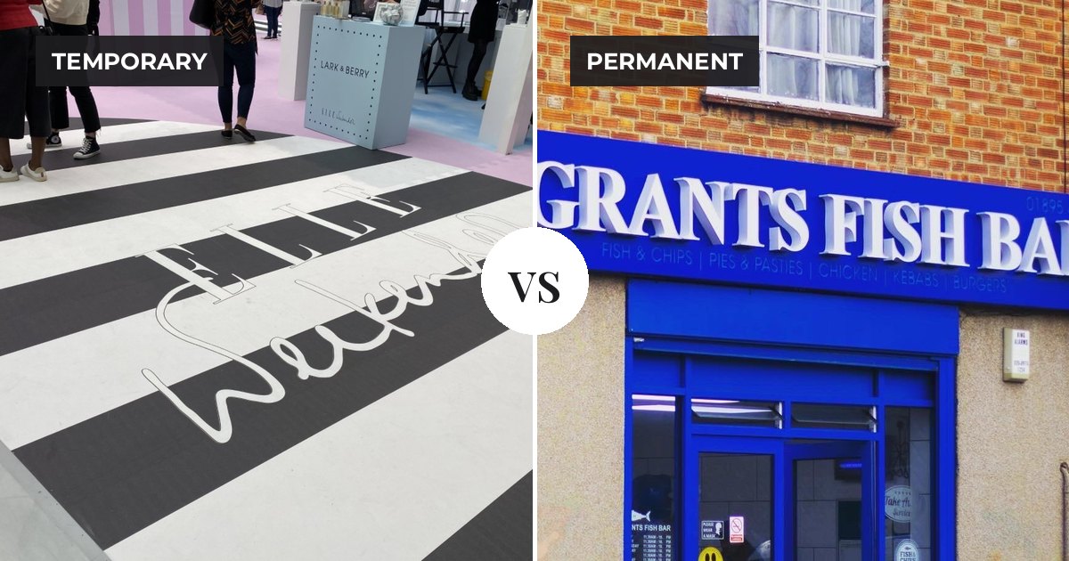 Temporary printed event floor at the ELLE Weekender next to the permanent Grants Fish Bar shopfront sign
