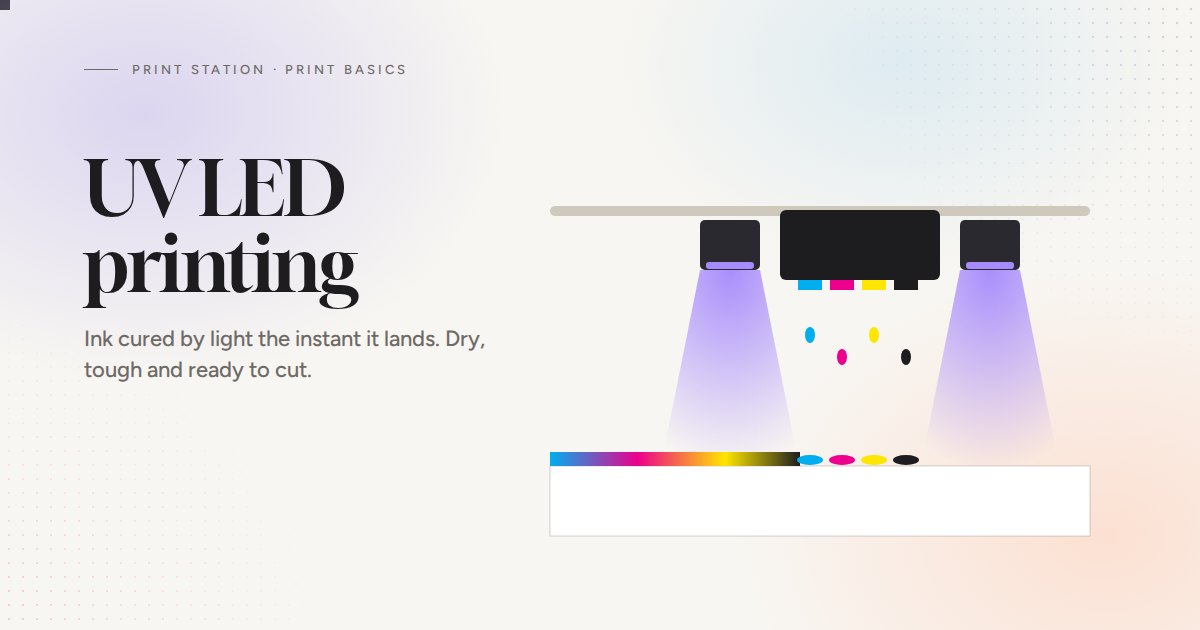 Illustration of a UV LED print head curing ink onto a board