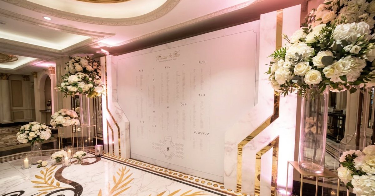 White marble wedding seating plan wall with gold mirror acrylic detailing at The Dorchester, London