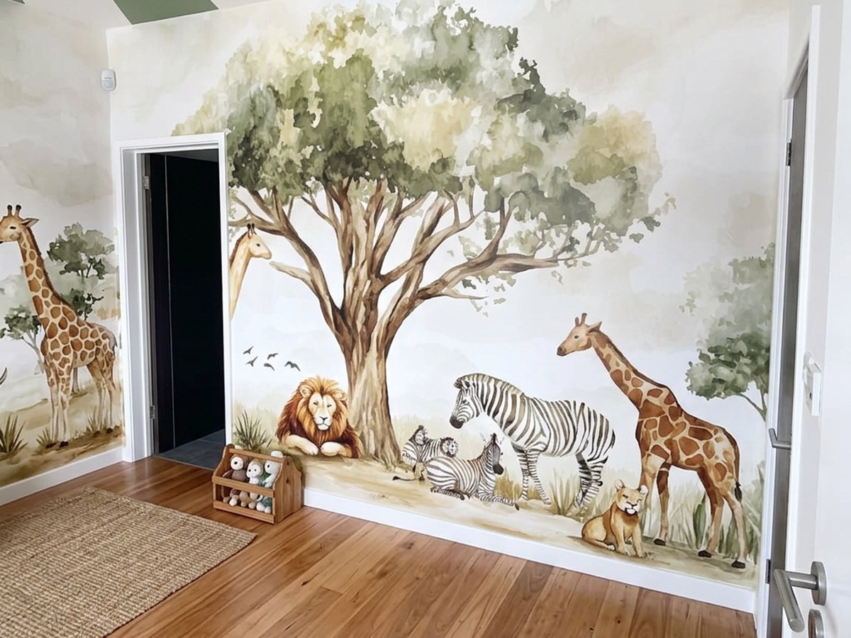 Bespoke safari wallpaper mural with a tree, giraffes, zebras and lions in a nursery