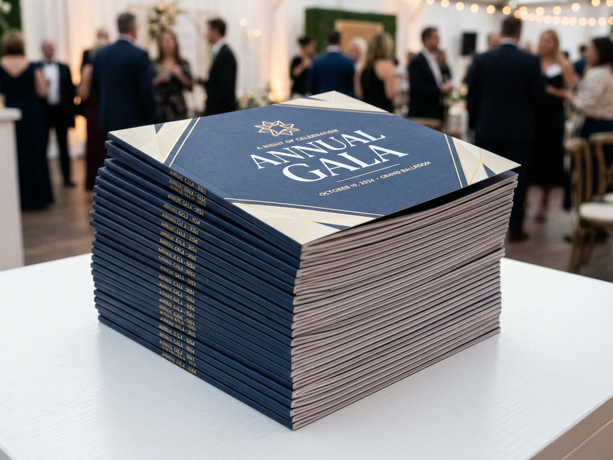 Stack of navy and gold Annual Gala event programme booklets at a reception