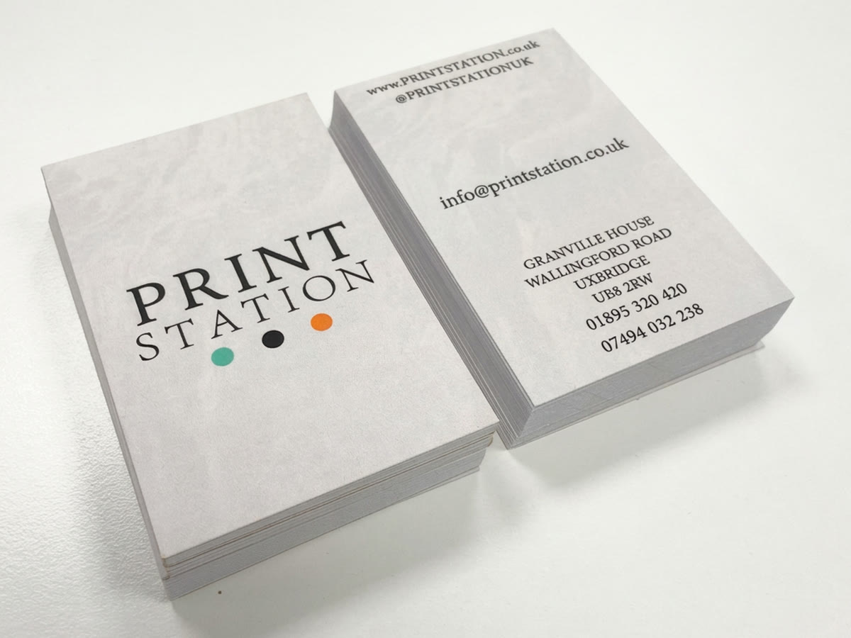 Print Station business cards on textured stock, front and back