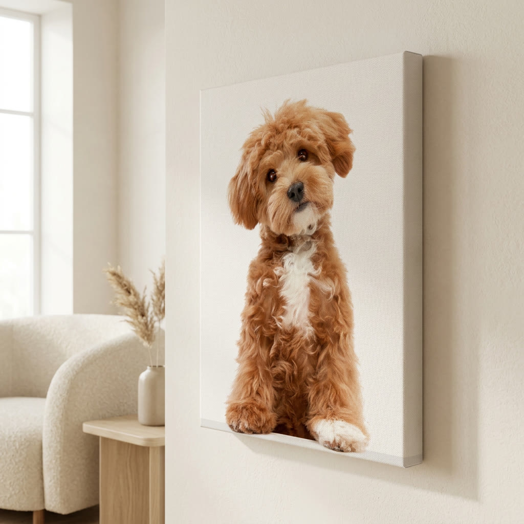 Gallery-wrapped canvas print of a dog hanging on a living room wall