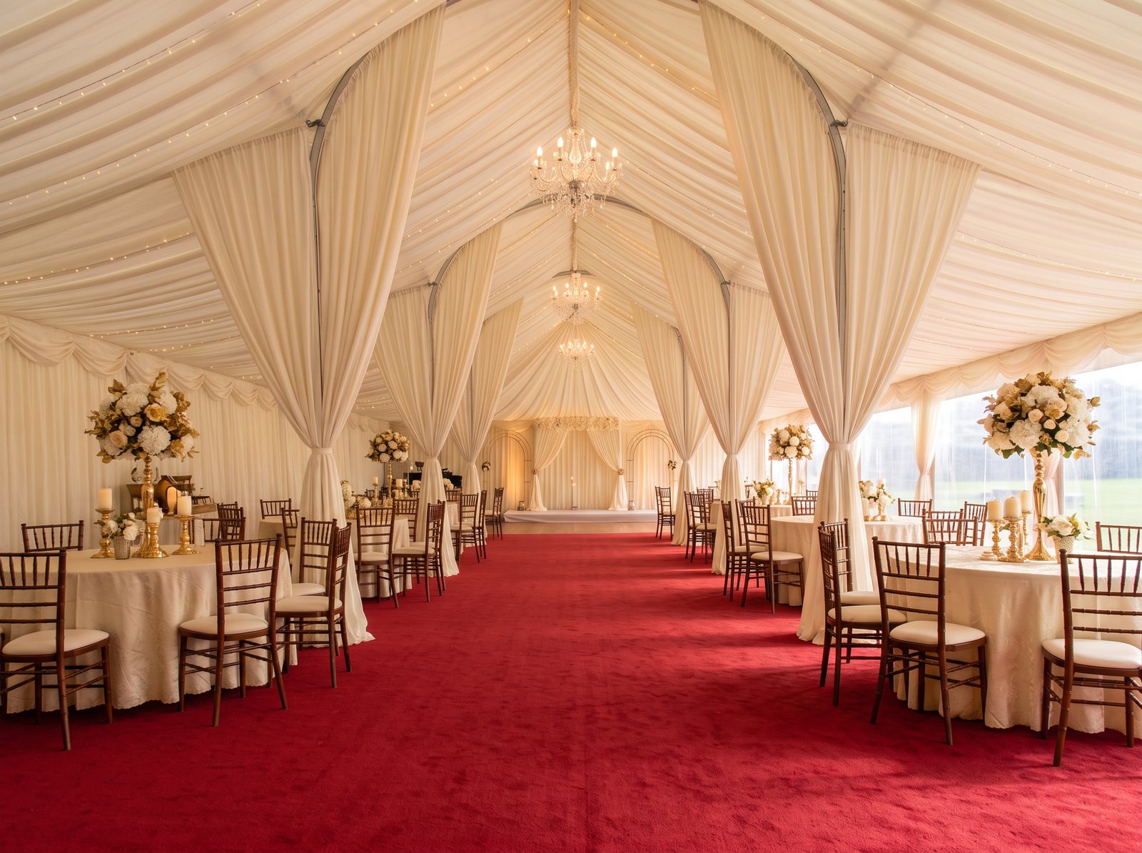 Red event carpet aisle through a cream draped marquee with chandeliers and round tables