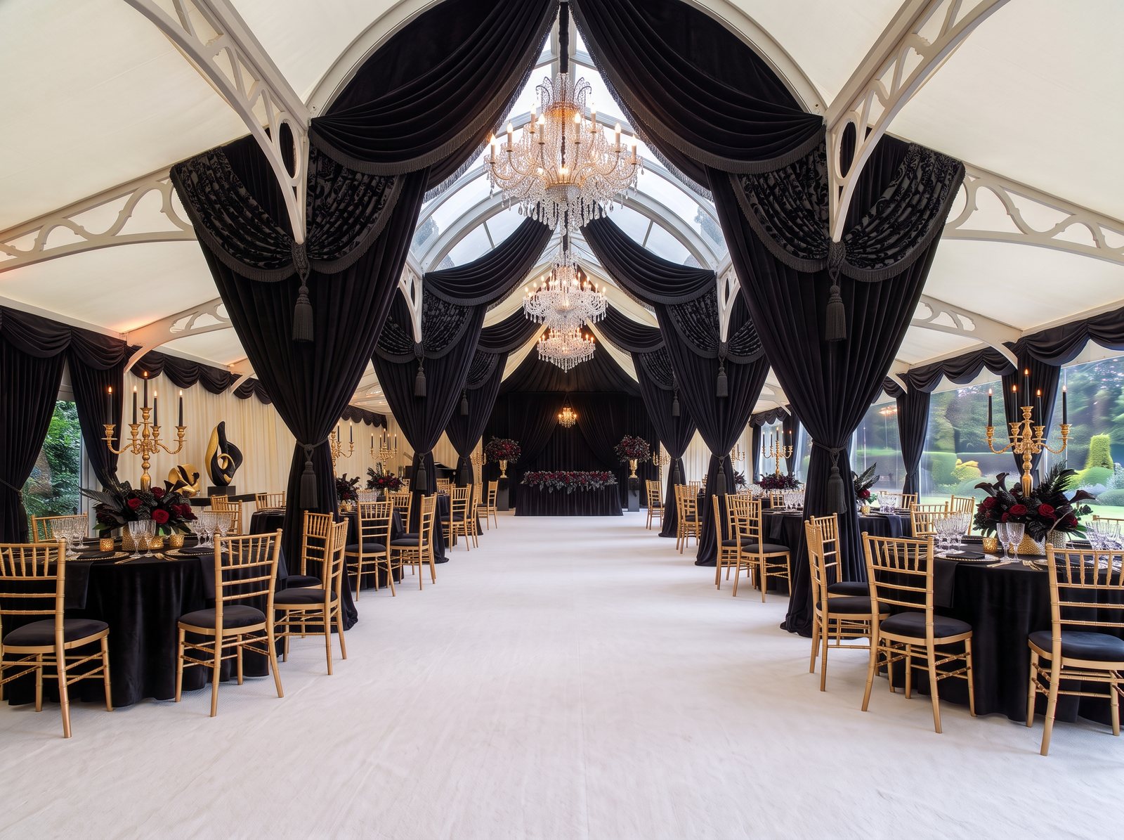 Marquee interior with black velvet drapes, gold chairs and crystal chandeliers over a white event carpet aisle