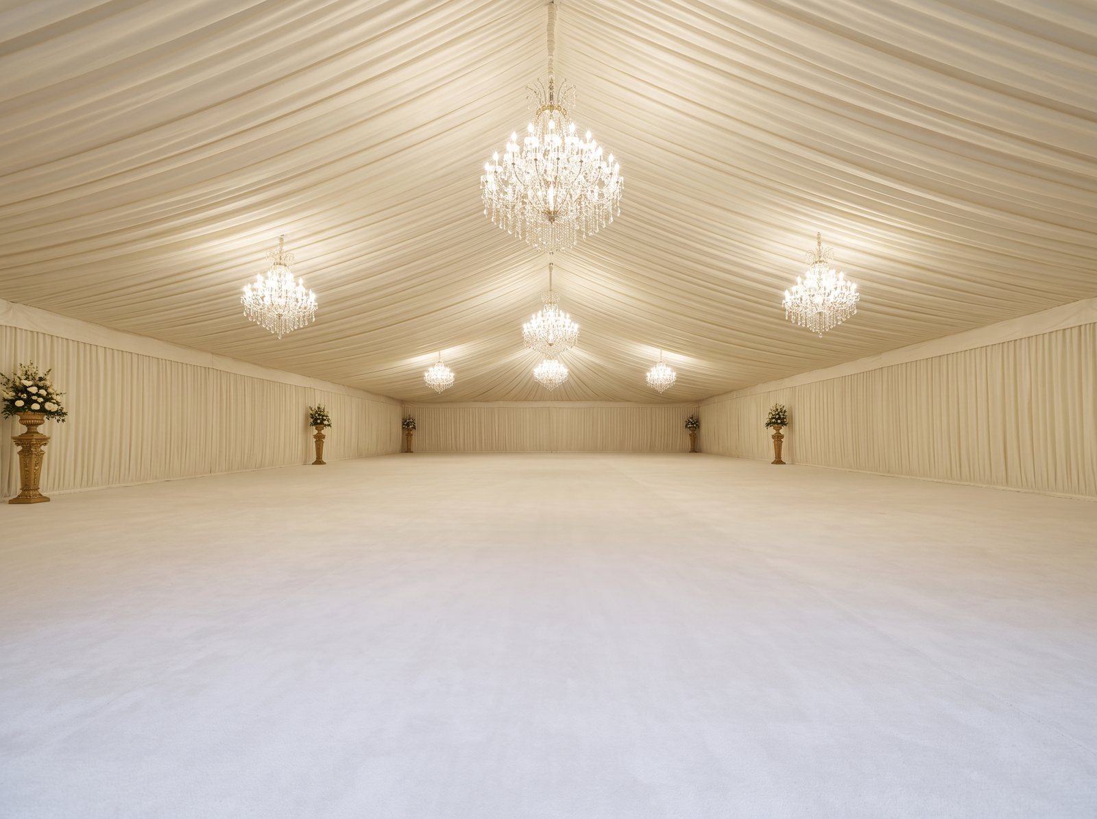 Empty cream marquee with crystal chandeliers and a fresh white carpet floor