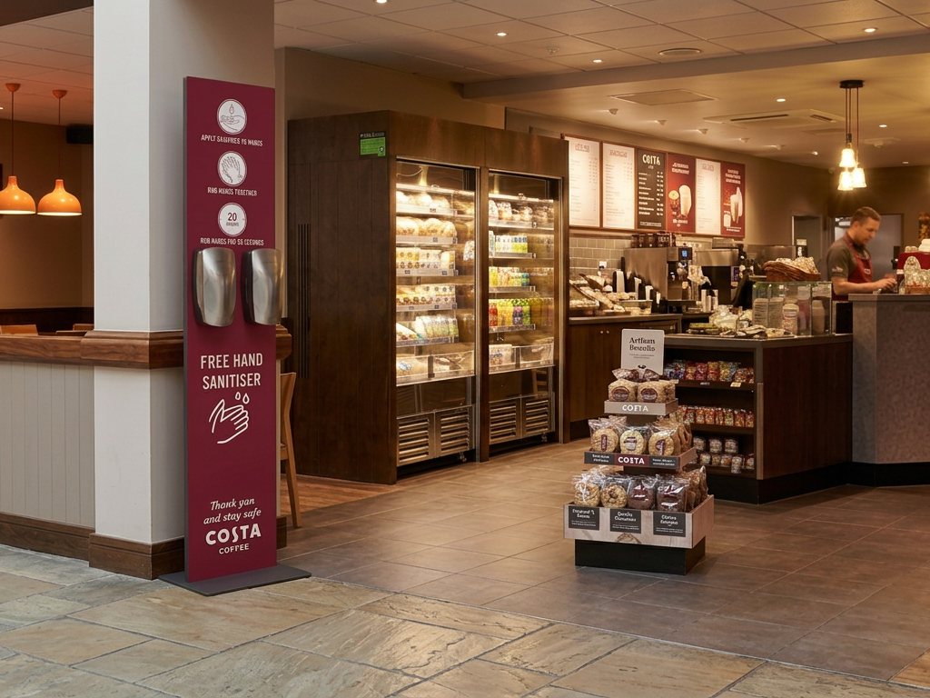 Branded Costa Coffee hand sanitiser station beside the counter