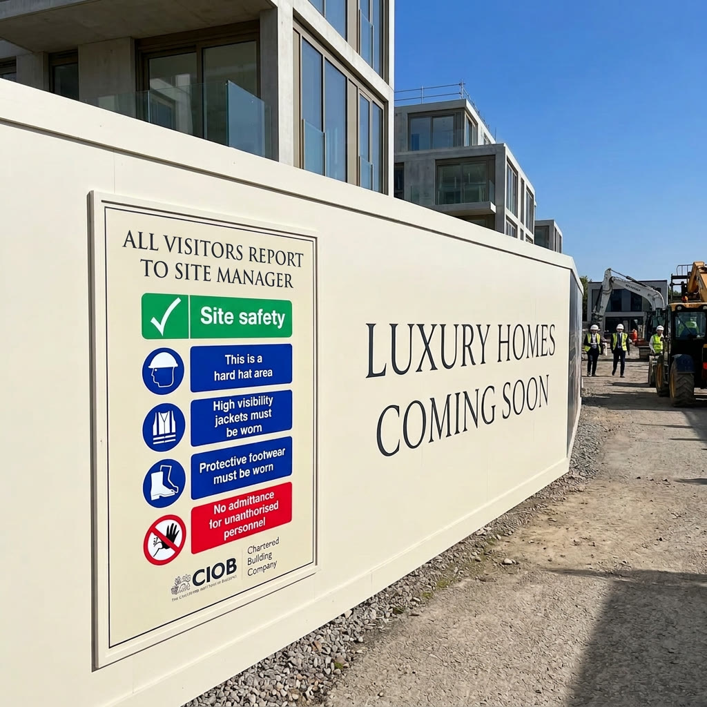 Printed site safety sign and Luxury Homes Coming Soon hoarding on a construction site