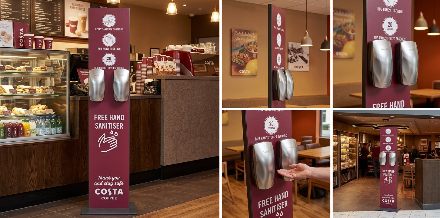 Touch free dispensers, clear step by step graphics and Costa branding on every station