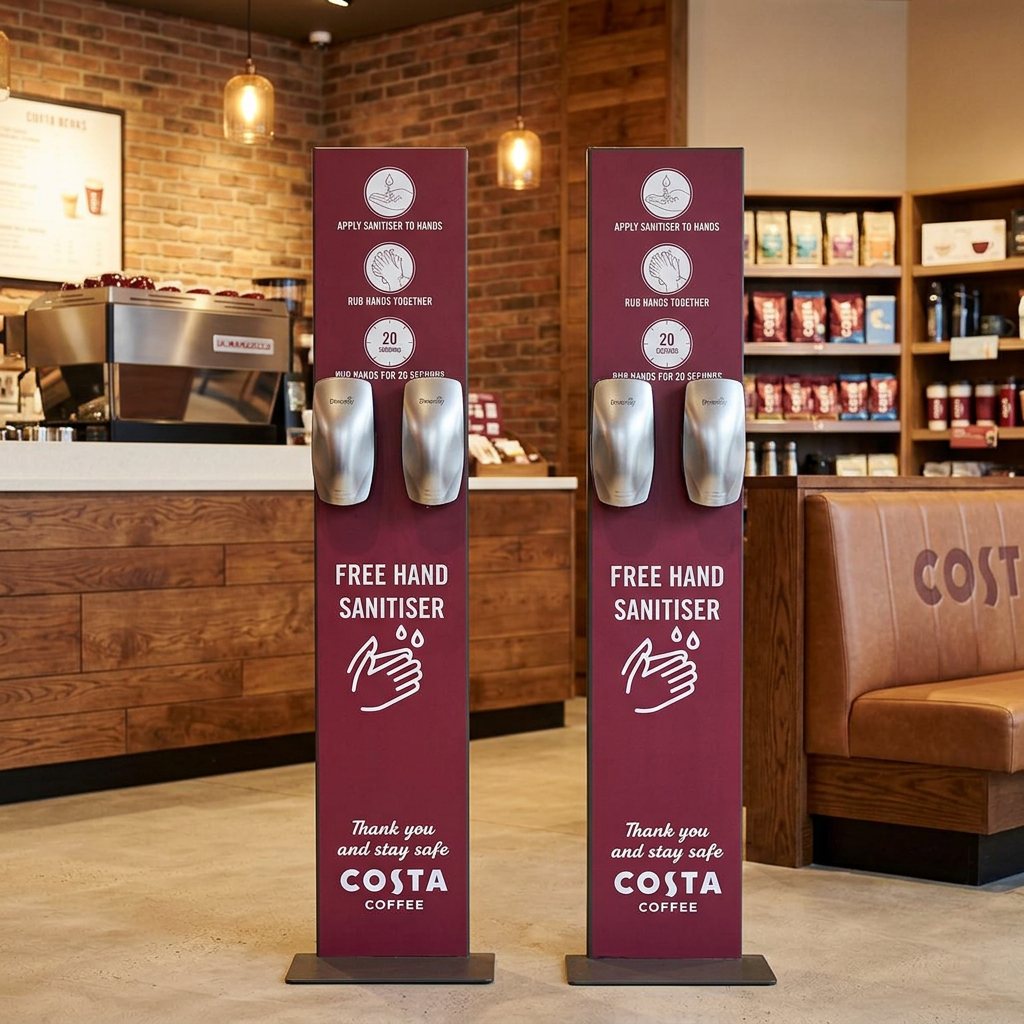 Two freestanding Costa Coffee hand sanitiser stations with printed burgundy vinyl wraps