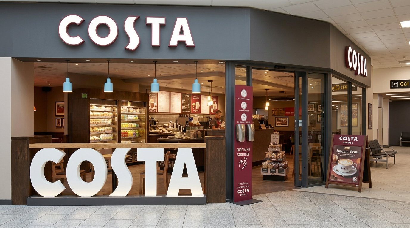 Costa Coffee storefront with a branded hand sanitiser station at the entrance
