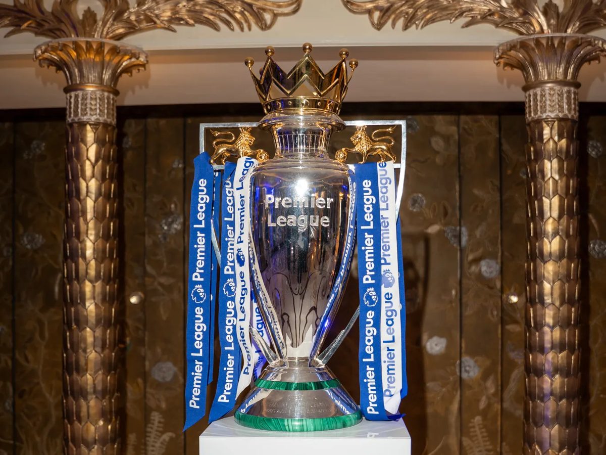Premier League trophy on a Chelsea FC branded plinth
