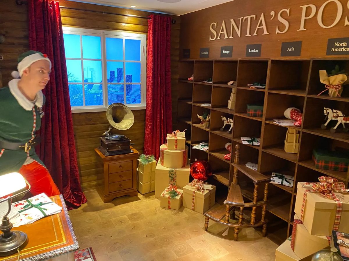 Santa's Post sorting office with pigeonhole wall and printed window scene