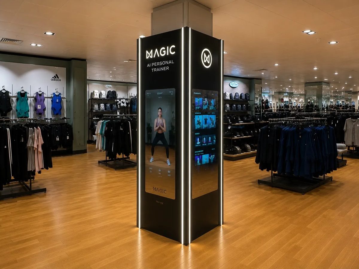 MAGIC AI personal trainer kiosk with lit column wrap on the John Lewis Oxford Street shop floor