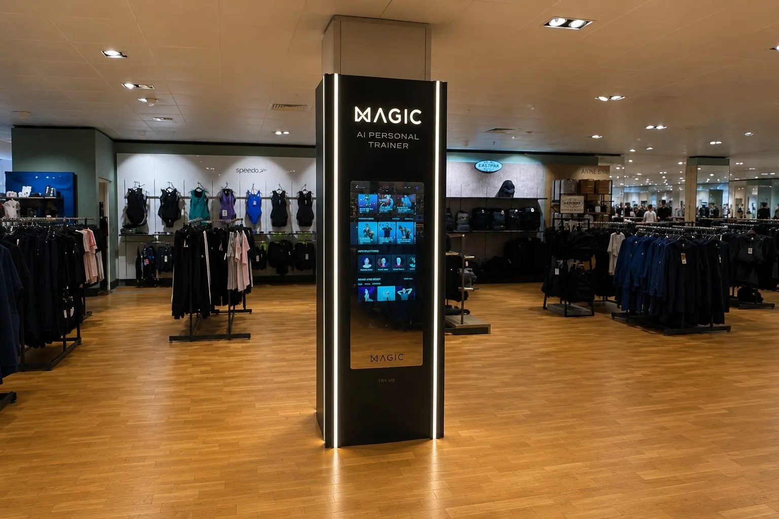 Front of the MAGIC AI kiosk with mirror screen and LED edge lighting