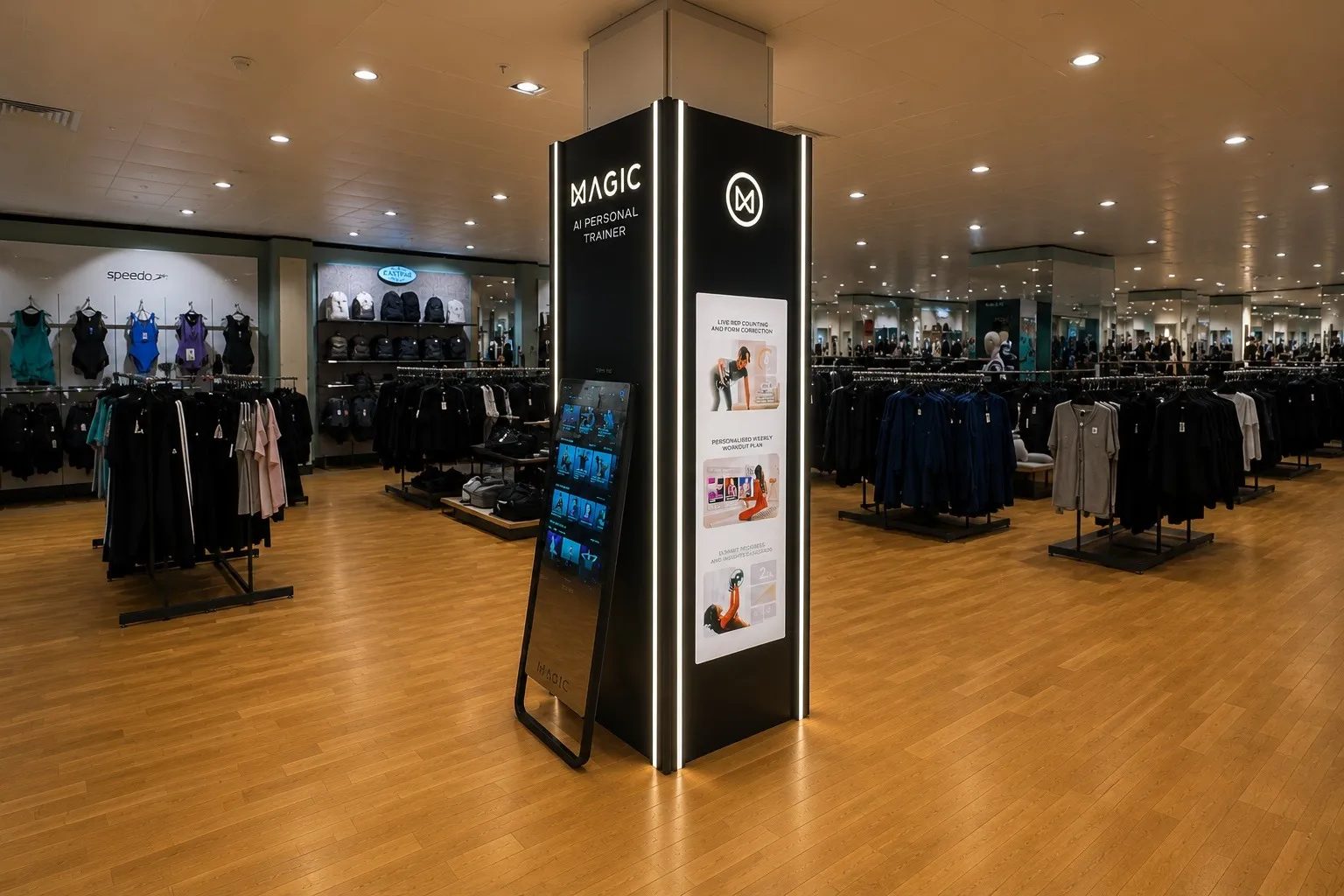 Kiosk side with printed poster panels and the free standing mirror