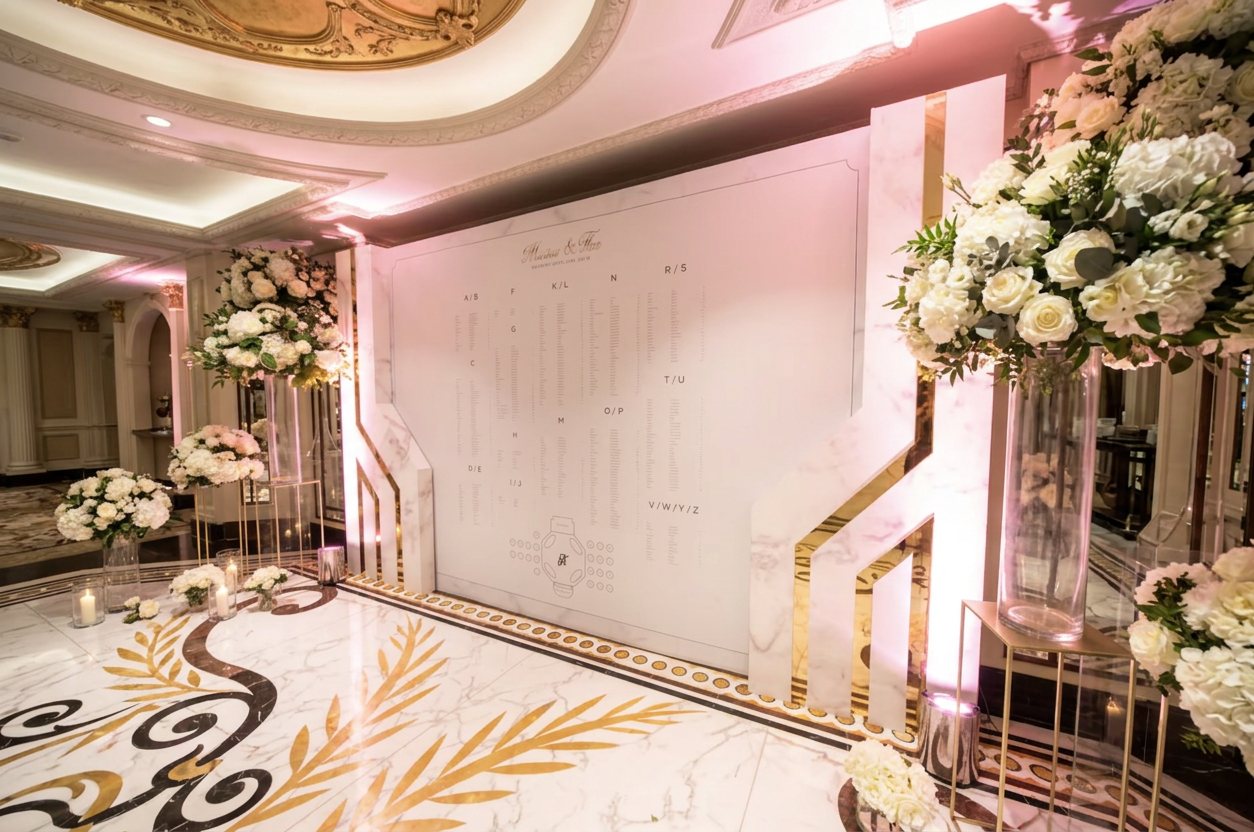 White marble seating plan wall with gold mirror geometric side panels at The Dorchester