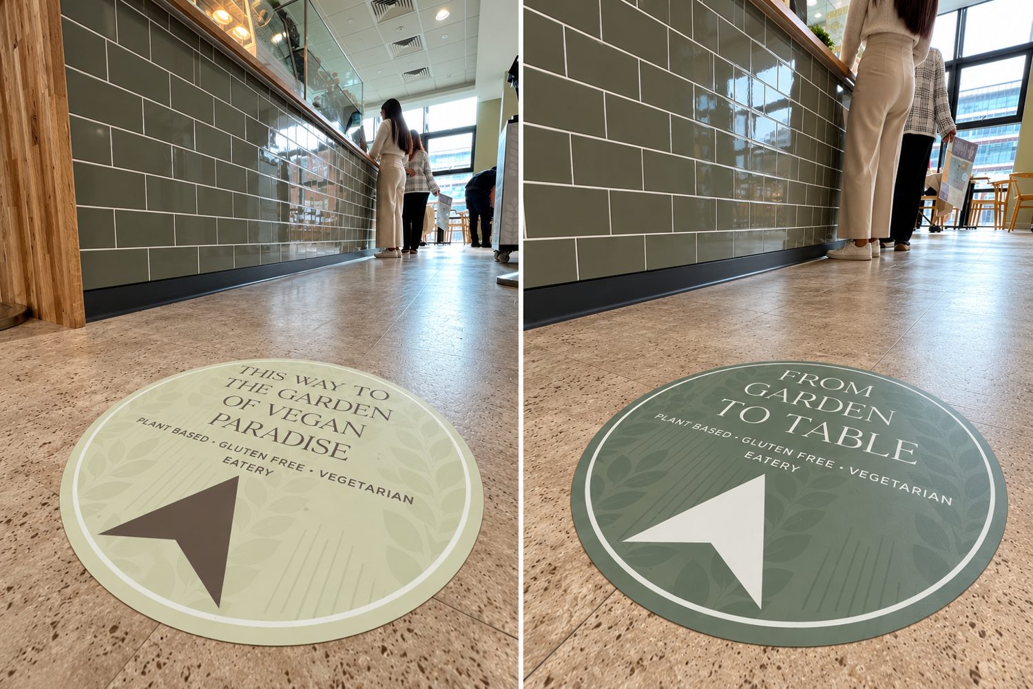 The two wayfinding floor graphics leading to the restaurant