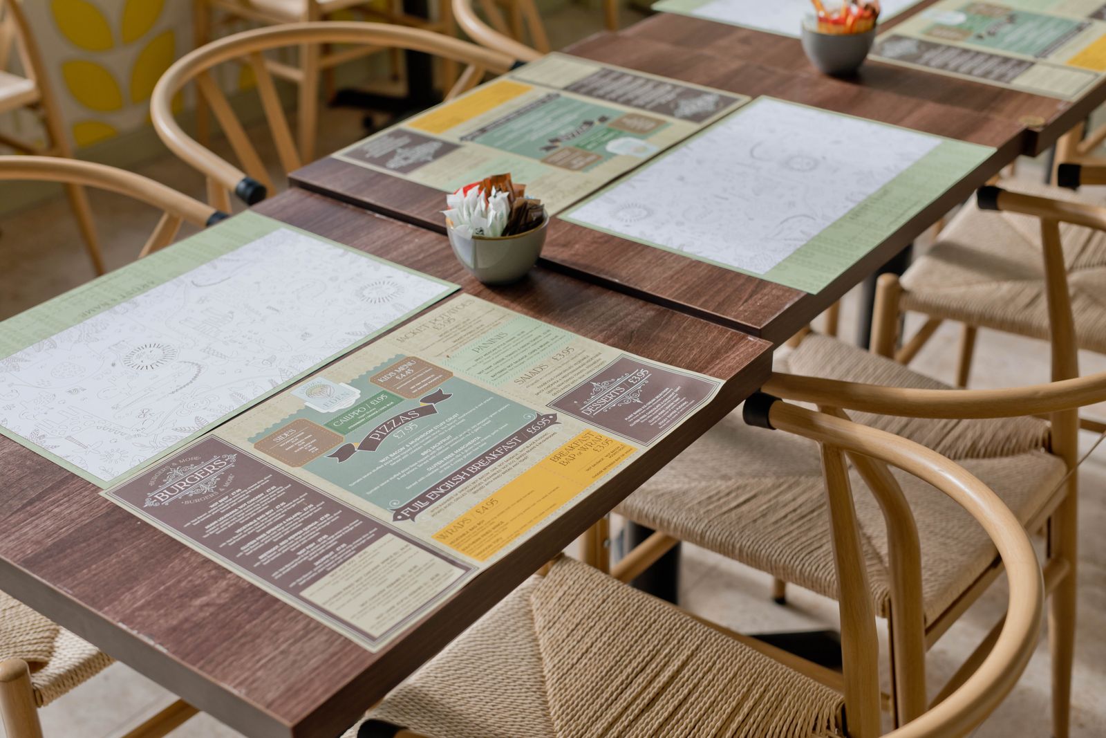 Printed table menus and colouring placemats