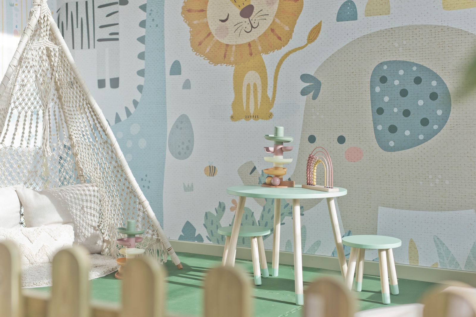 Play table in front of the mural