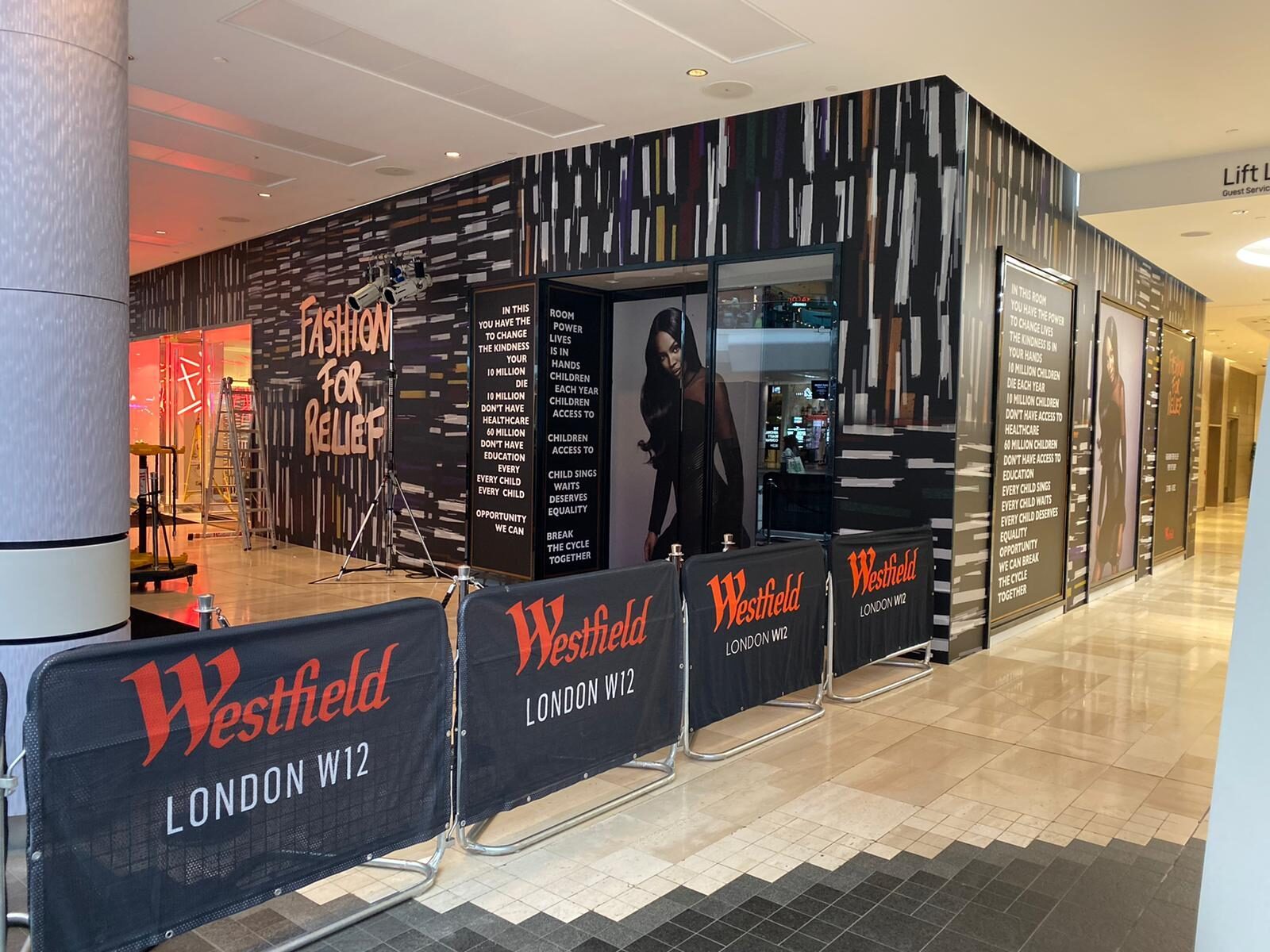 The finished Fashion for Relief storefront on the mall at Westfield London