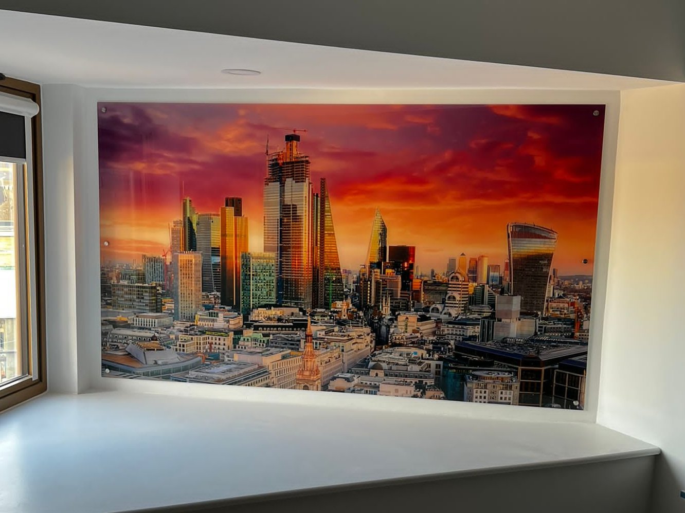 London skyline at sunset printed on acrylic for Ilford Hotels