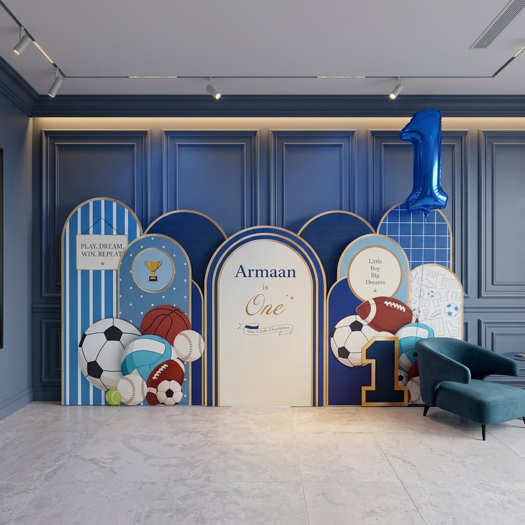 Blue sports themed first birthday backdrop of layered arches with footballs, basketballs and the message Armaan is One