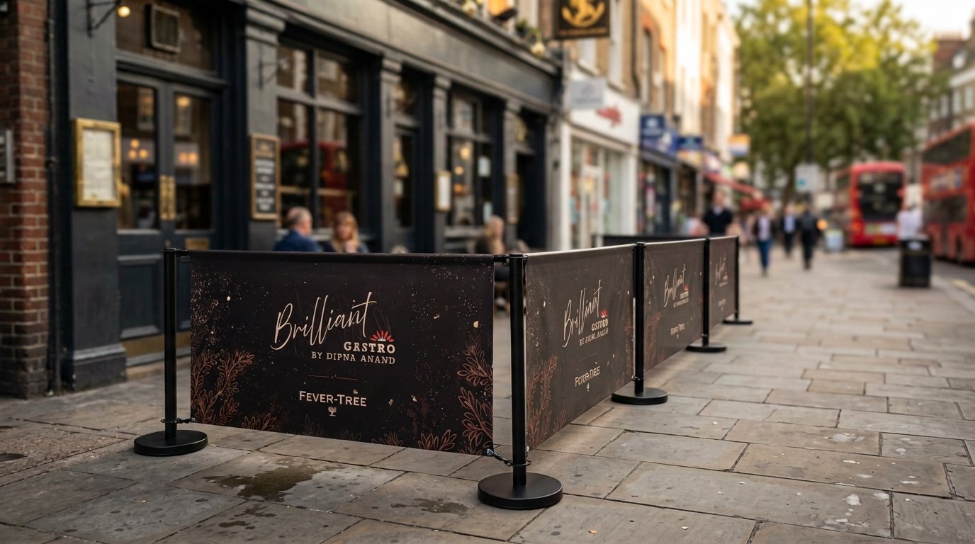 Brilliant Gastro by Dipna Anand and Fever-Tree cafe barrier banners lining the pavement outside a London pub