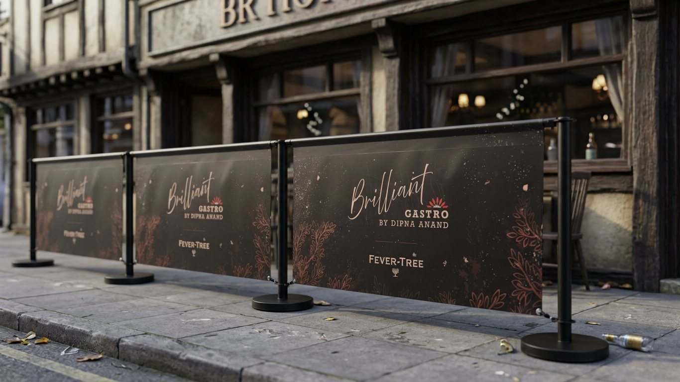 Row of Brilliant Gastro cafe barrier banners in front of a timber framed restaurant at dusk