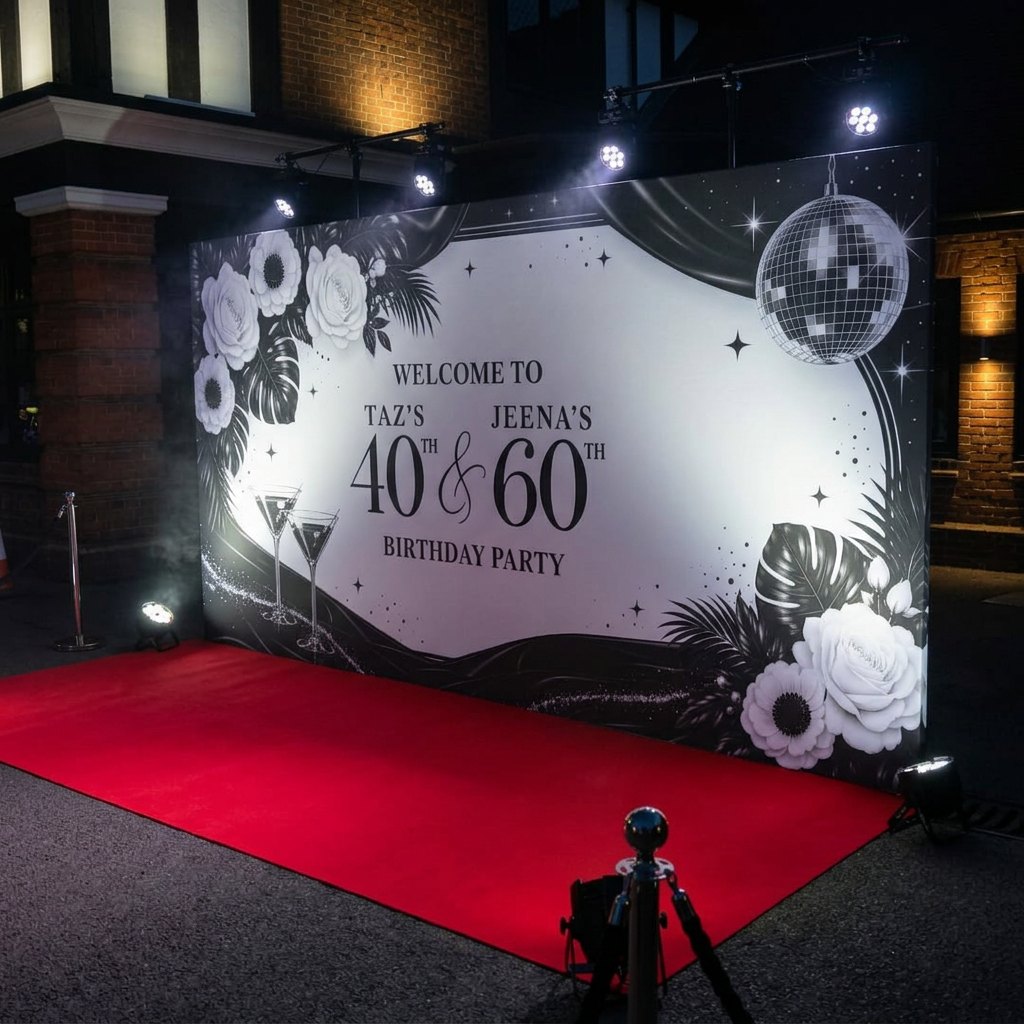 Black and white welcome backdrop for a joint 40th and 60th birthday party with roses, a disco ball and cocktail glasses, lit up behind a red carpet at night
