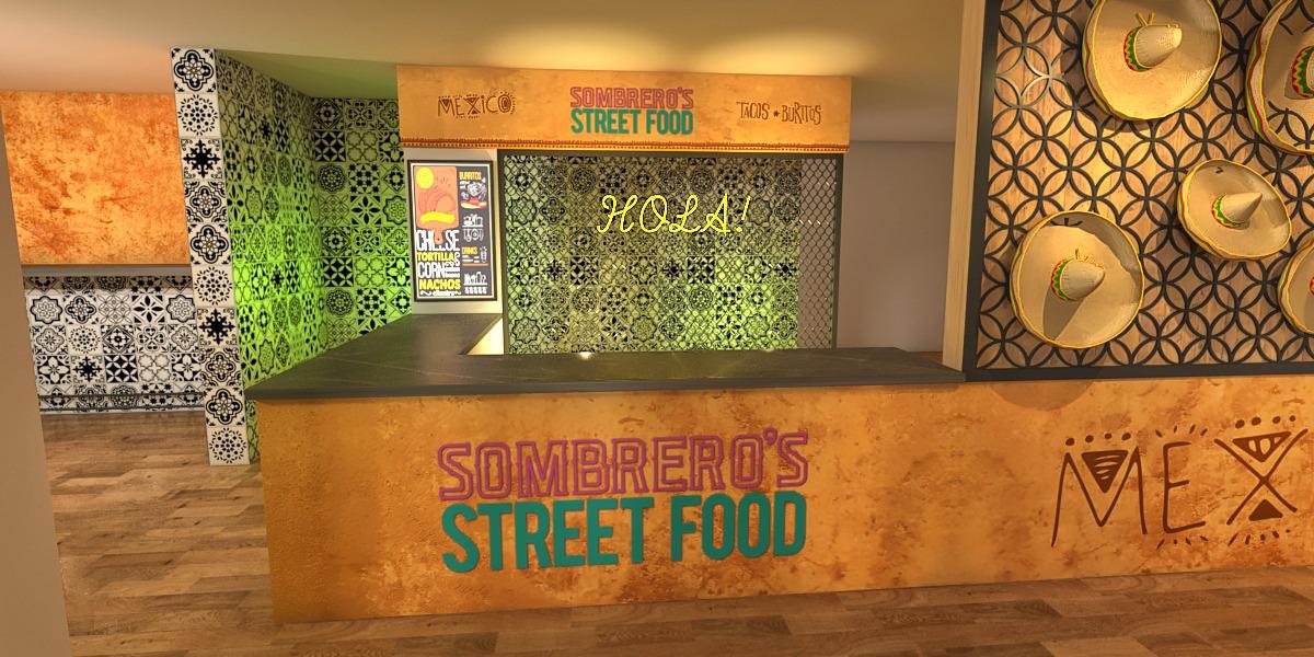 Sombrero's Street Food counter with a printed terracotta counter wrap, branded fascia and black and white tile effect wall graphics