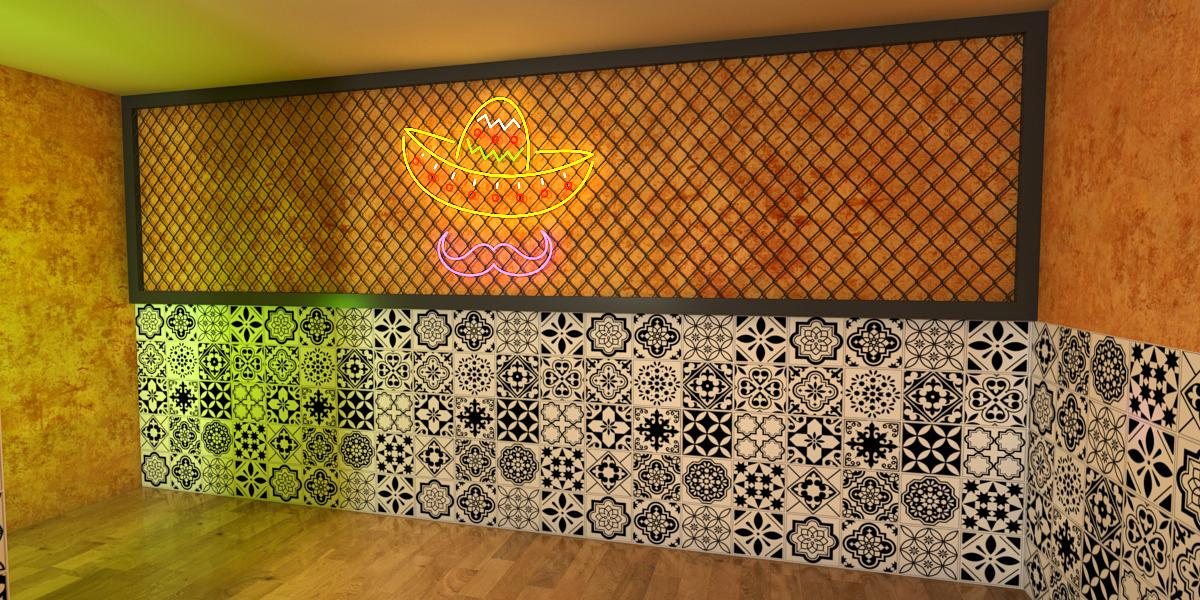 Neon sombrero and moustache sign on a mesh screen above a wall of black and white Mexican tile effect graphics