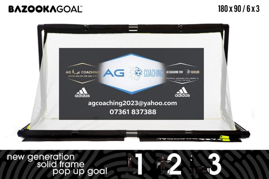 AG Coaching branded pop up goal net with logos, email and phone number printed across the back of the net