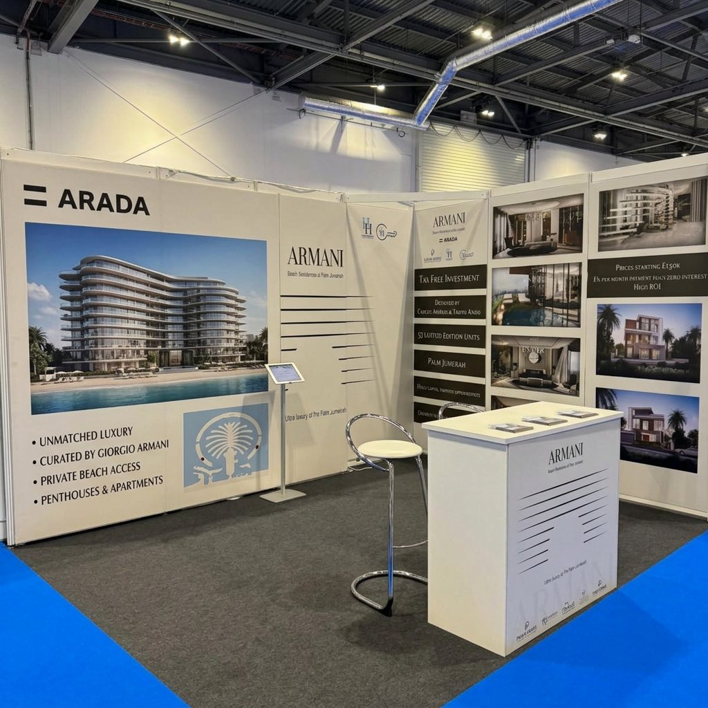 Armani Beach Residences shell scheme stand for ARADA with printed foamex panels, property photography and a branded counter