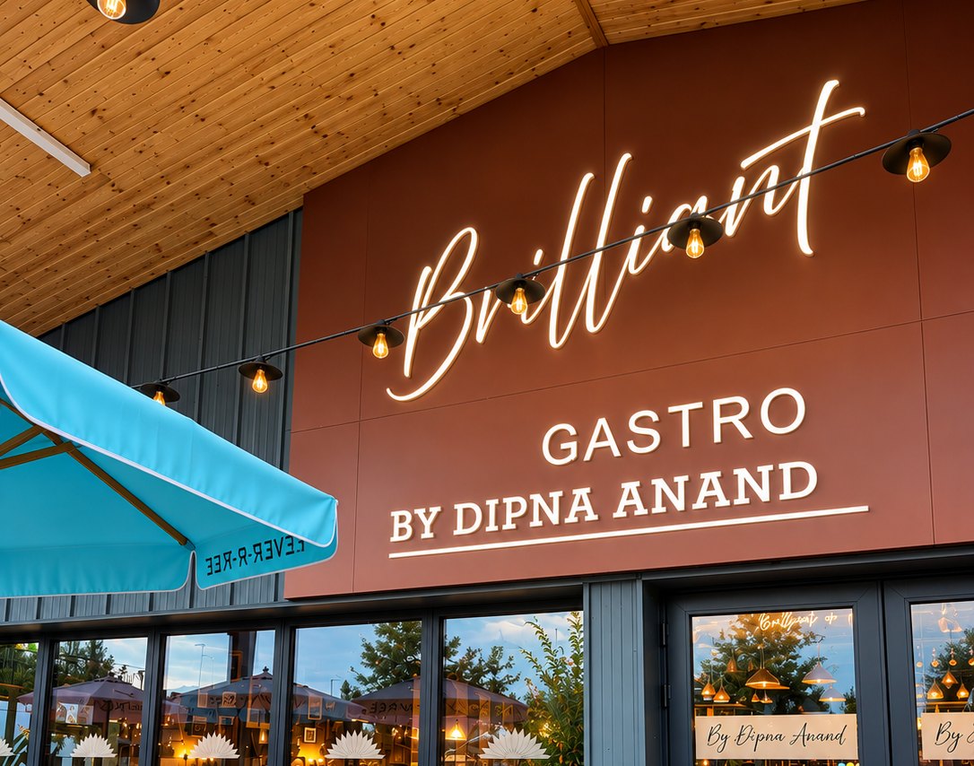 Giant backlit Brilliant Gastro by Dipna Anand sign with glowing script lettering on a terracotta ACM fascia above the restaurant entrance