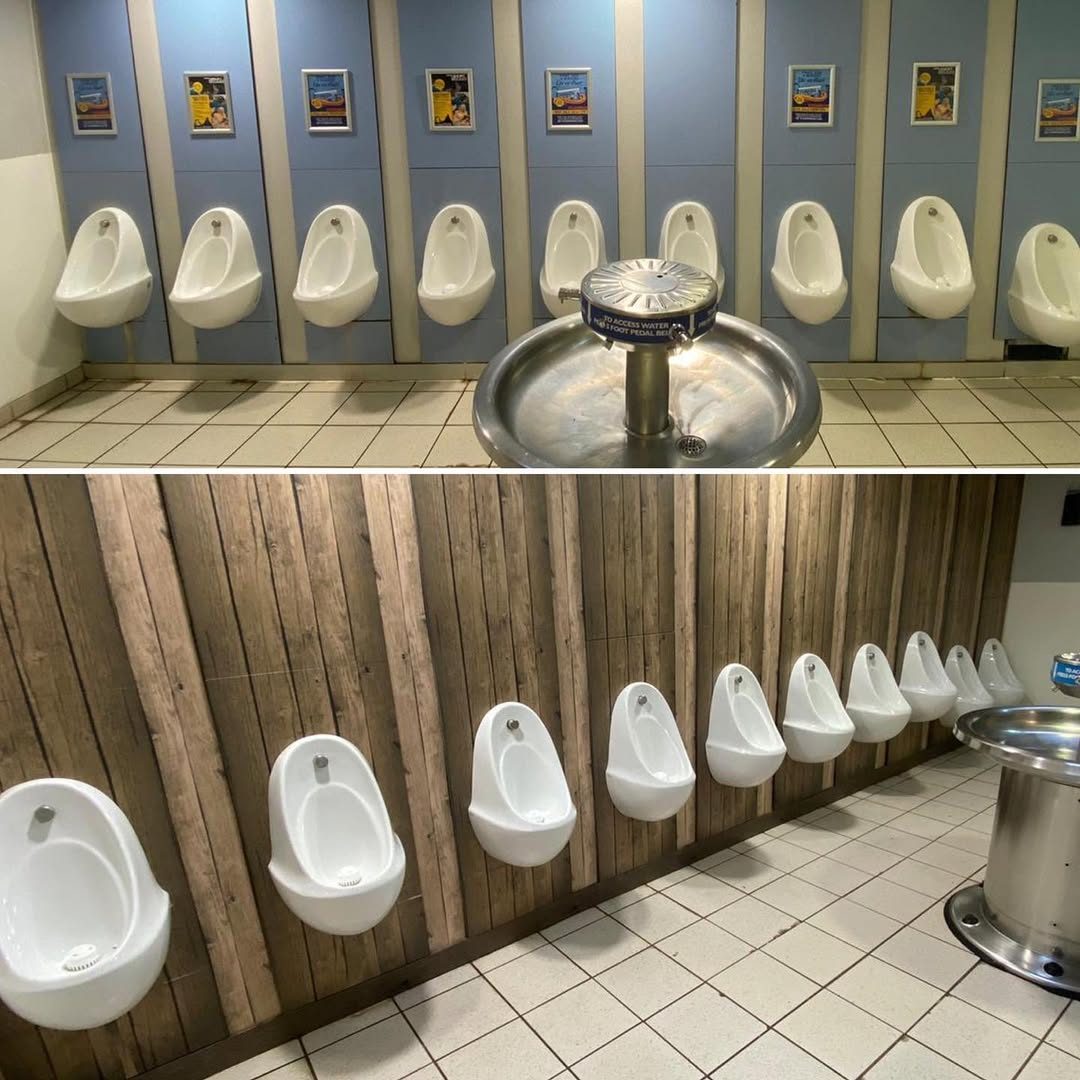 Before and after of a service station washroom: tired blue cubicle panels transformed with permanent rustic wood effect printed vinyl