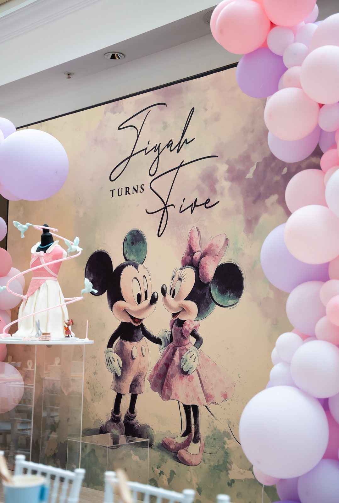 Watercolour Mickey and Minnie Mouse birthday backdrop printed on UV Blackback Textile (Canvas) for a fifth birthday