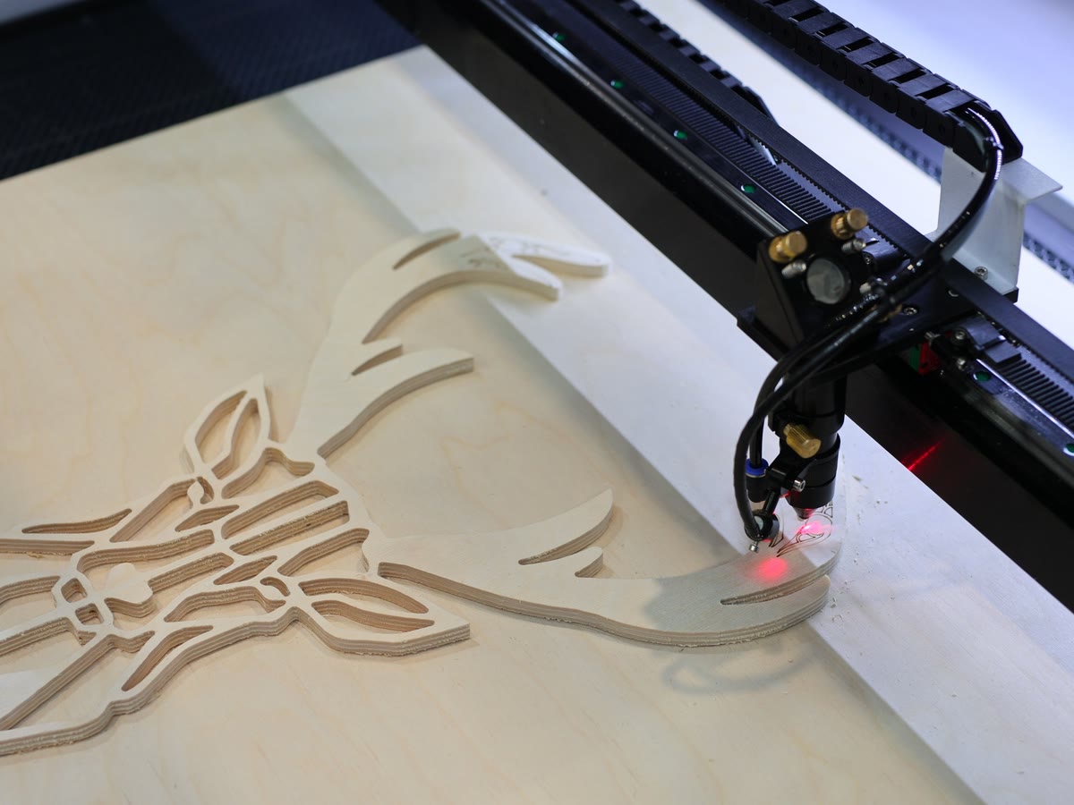 Laser cutting a plywood stag head with the red guide light on
