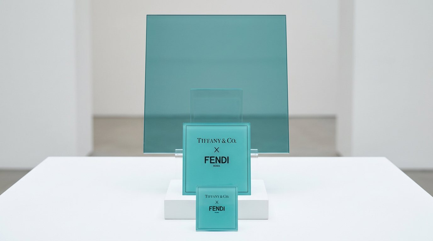Tiffany & Co. x FENDI acrylic place cards in two sizes on a display stand with a tinted acrylic backdrop