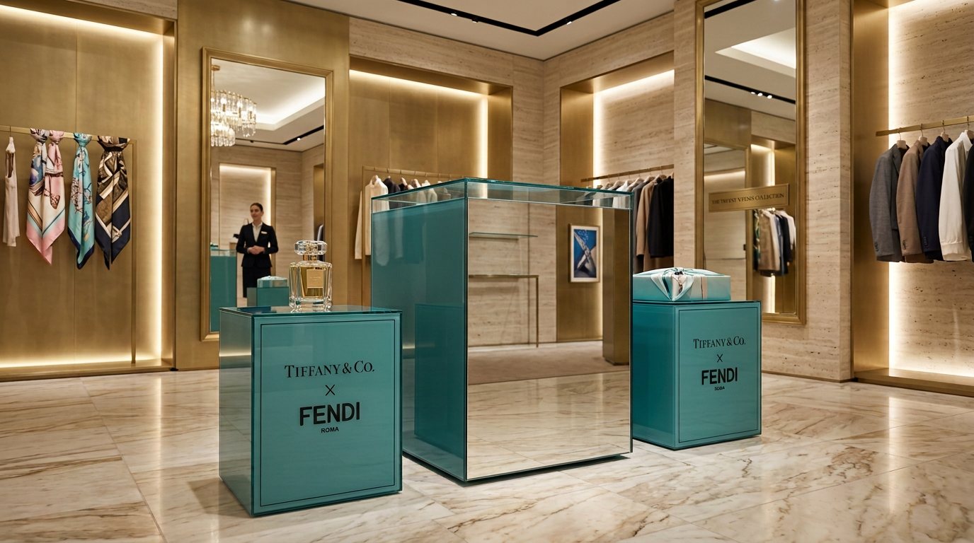 Tiffany Blue acrylic plinths branded Tiffany & Co. x FENDI, with a mirrored plinth, in a luxury boutique