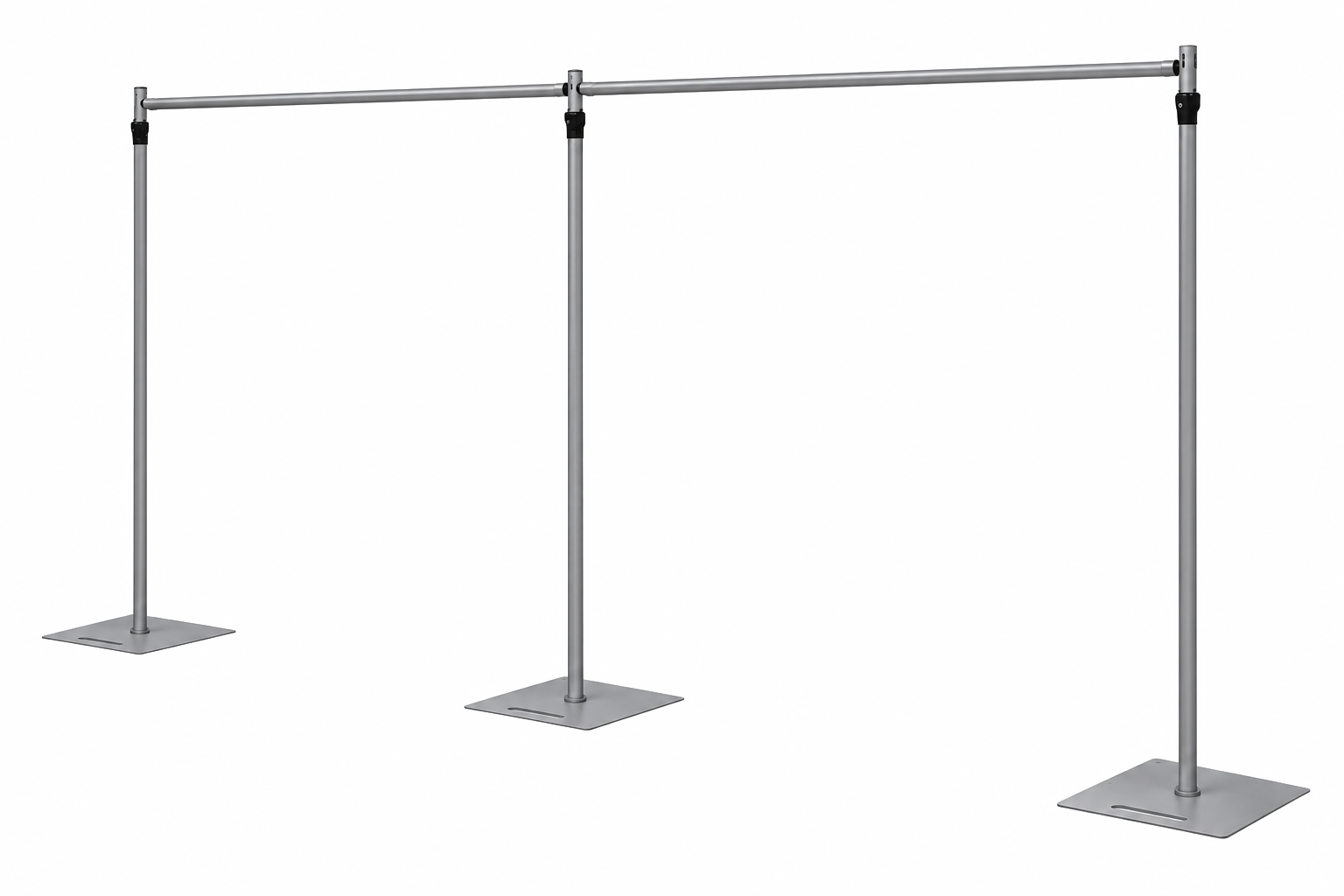 Silver pipe and drape frame with three telescopic uprights on square base plates joined by two crossbars
