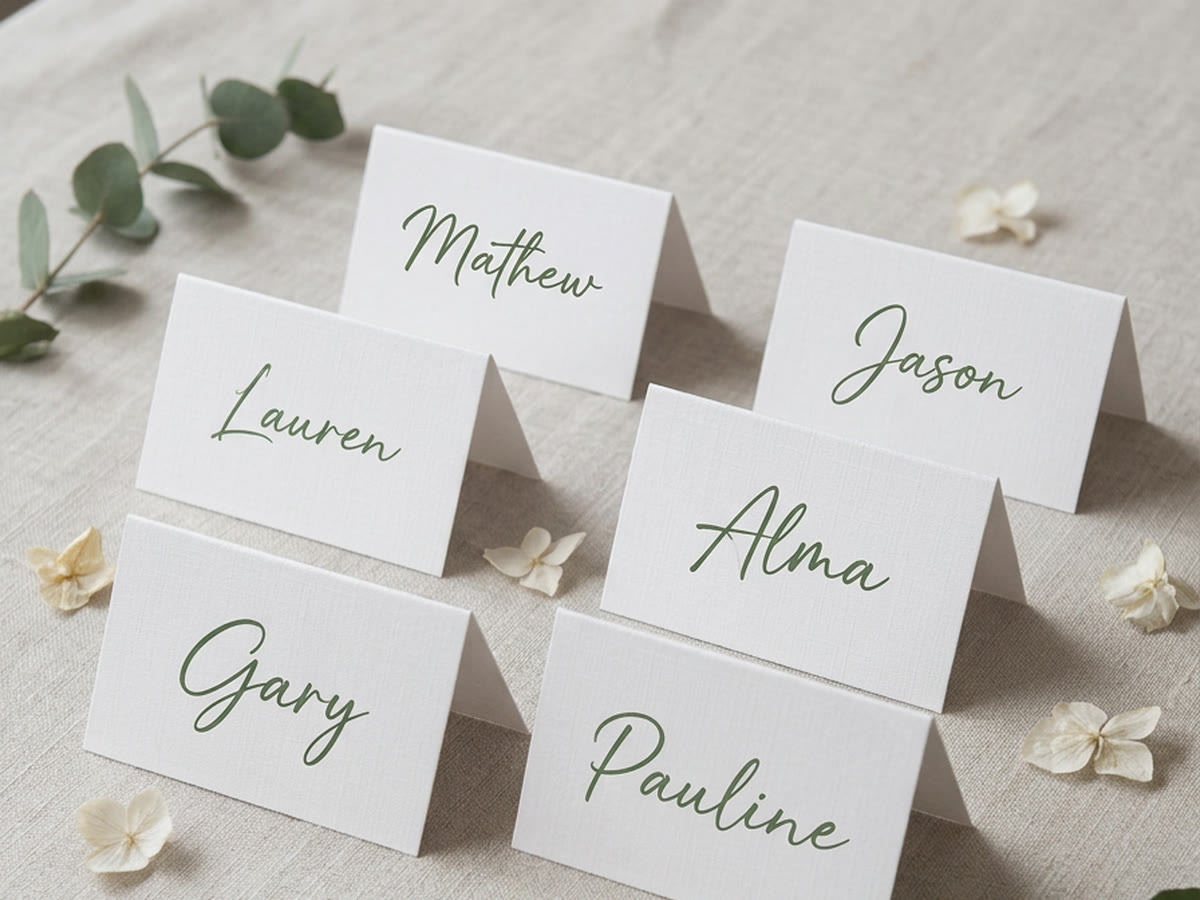 White linen place cards with green script names on a wedding table