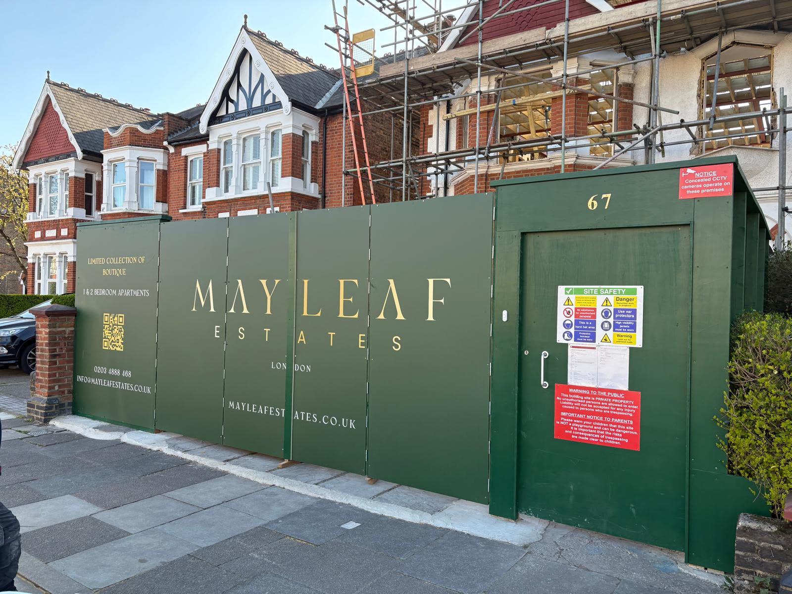 Printed green hoarding for Mayleaf Estates in London