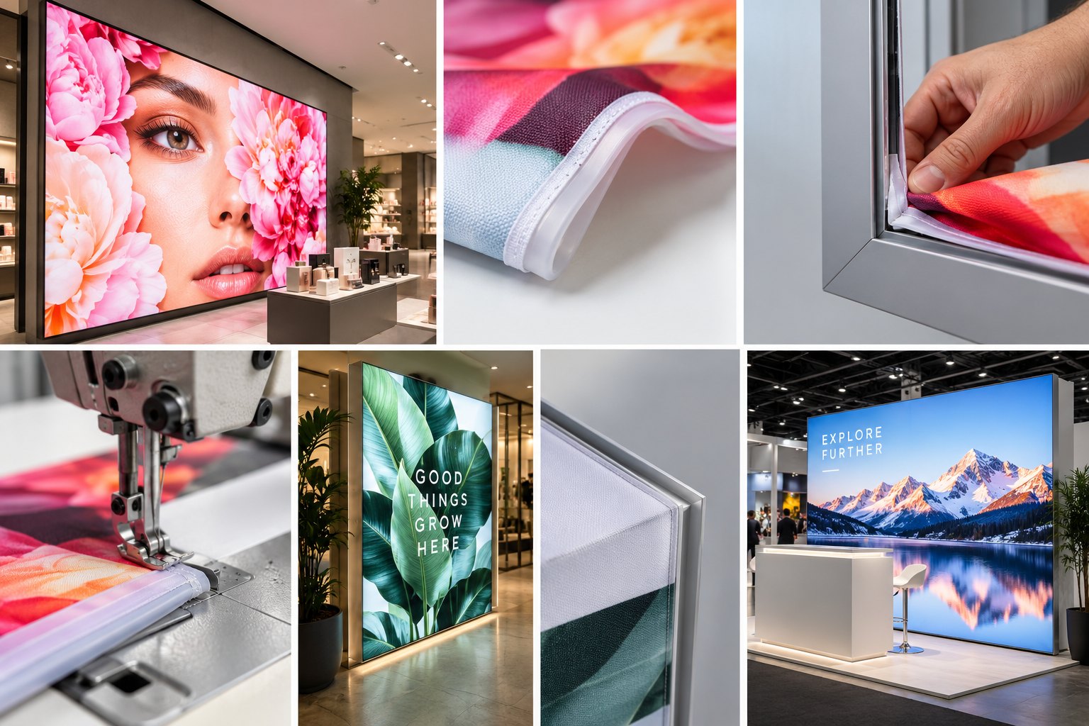 Printed SEG backlit fabric graphics in lightbox frames, with the silicone edge being sewn and pushed into the frame channel