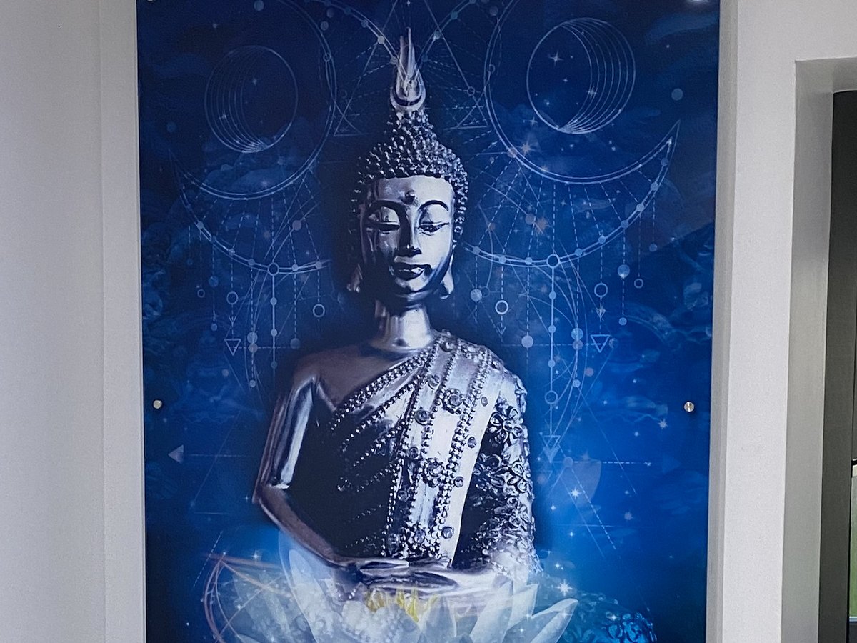 Blue Buddha artwork printed on a large acrylic panel, wall mounted with stand-off fixings
